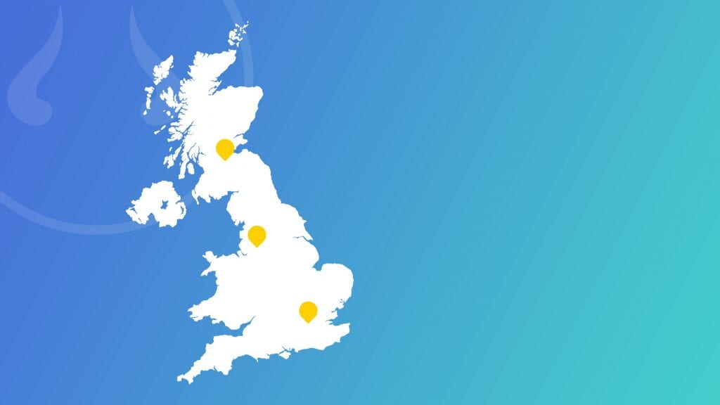 Base slide in PowerPoint - Map of UK with 3 locations